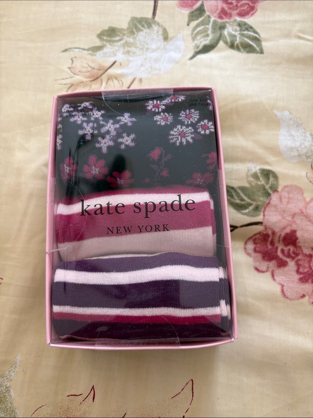 New Kate Spade Striped and Floral Crew Socks in Pink and Purple
